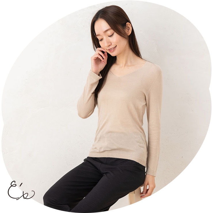 シルク100％ ふわふわ加工 Vネック 長袖インナー 日本製