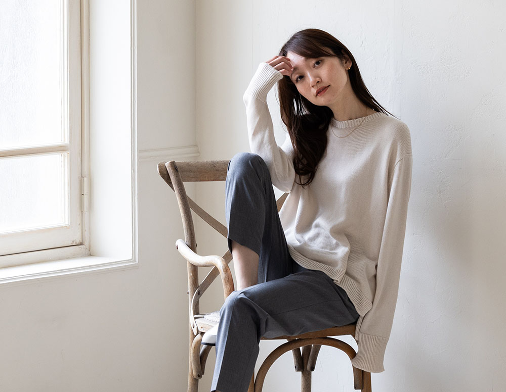 シルク100% ふわふわ加工 クルーネック 長袖 ニット 日本製