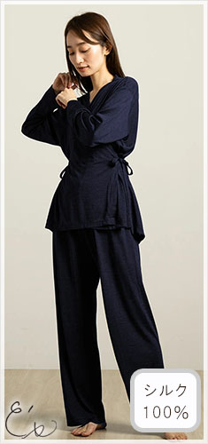シルク100％ジャージー パジャマ カシュクールトップスとパンツ