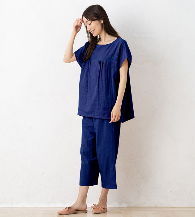 オーガニックコットン100% 和晒しダブルガーゼ 湯上りパジャマ 上下セット フレンチ袖トップスとルームパンツ 日本製