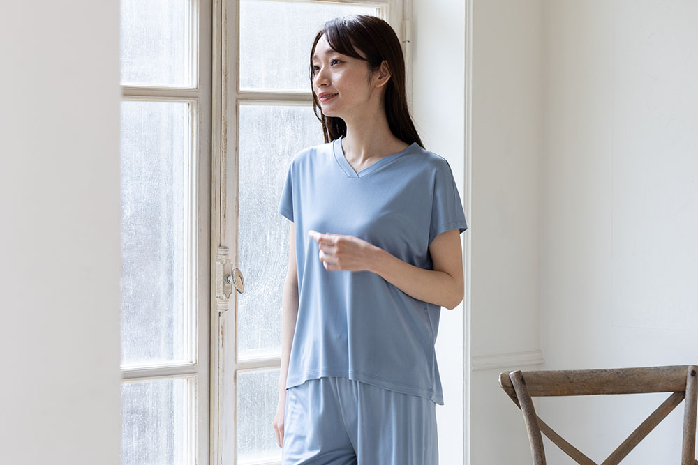 シルク100% 正絹スムース140g Vネック フレンチ袖トップス