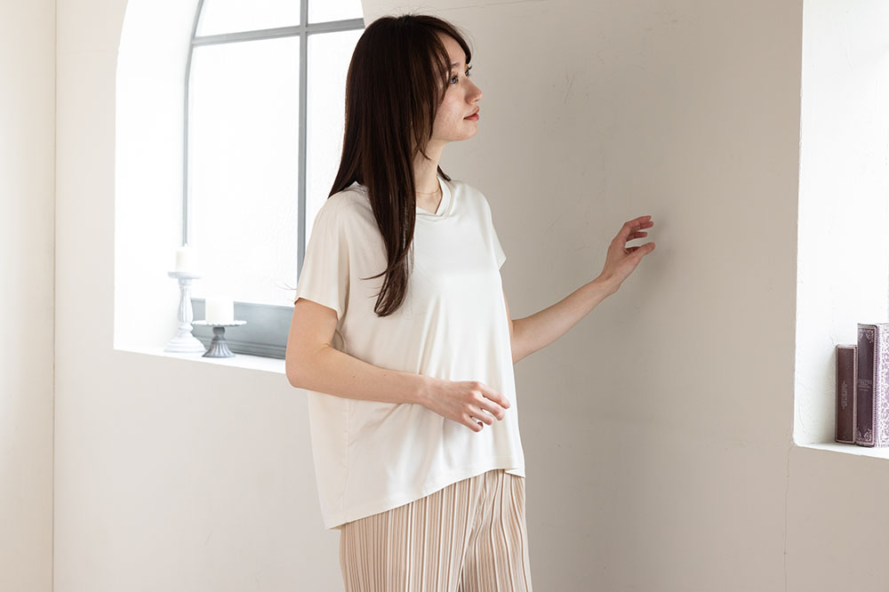 シルク100% 正絹スムース140g Vネック フレンチ袖トップス