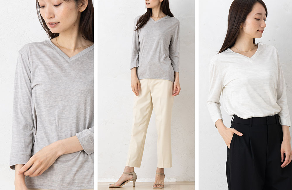 シルク100% ソフトジャージー Vネック 7分袖トップス 日本製 ウォッシャブル加工