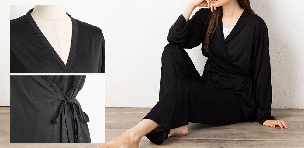 シルク100％ジャージー パジャマ 上下セット カシュクールトップスとパンツ 日本製