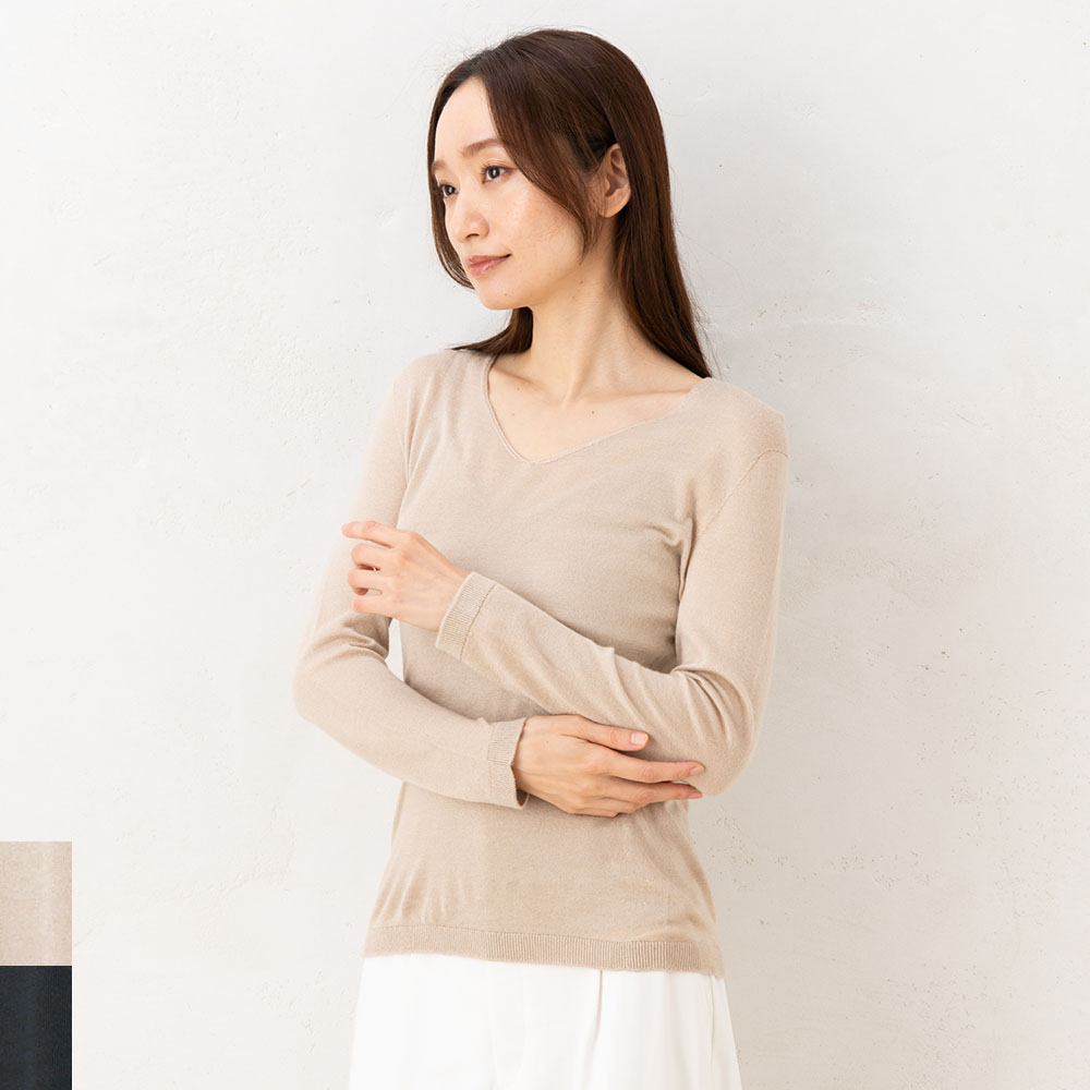 シルク100％ ふわふわ加工 Vネック 長袖インナー 日本製