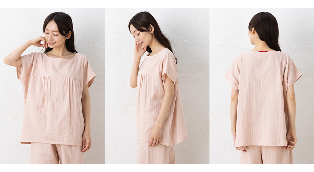 オーガニックコットン100% 和晒しダブルガーゼ 湯上りパジャマ 上下セット フレンチ袖トップスとルームパンツ 日本製