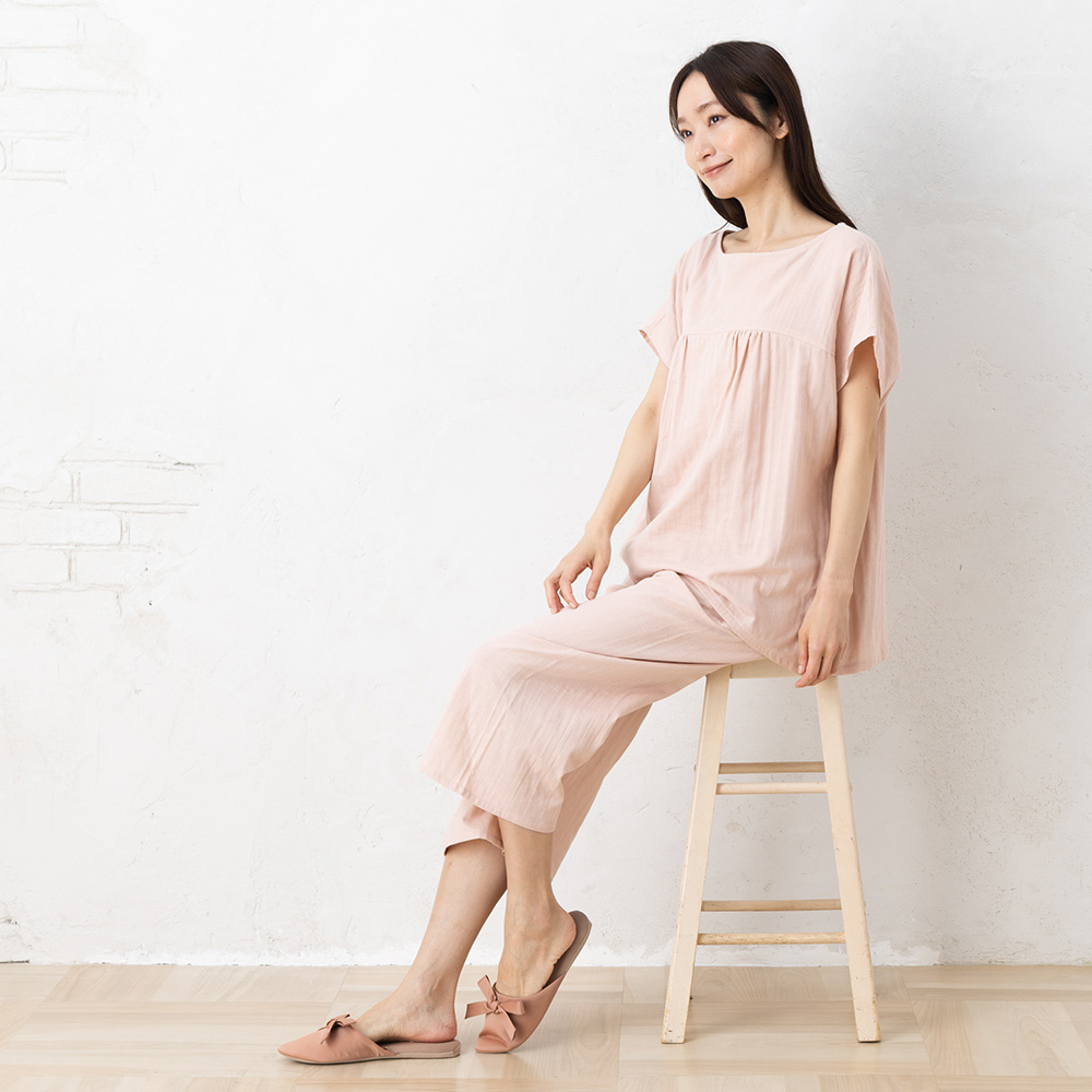 オーガニックコットン100% 和晒しダブルガーゼ 湯上りパジャマ 上下セット フレンチ袖トップスとルームパンツ 日本製