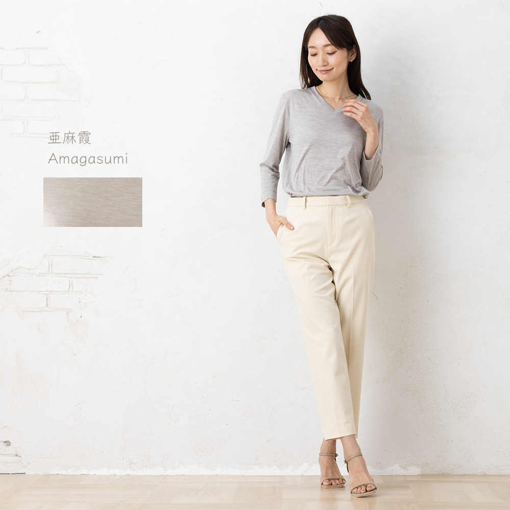 シルク100％ ソフトジャージー Vネック 7分袖トップス 日本製 ウォッシャブル加工