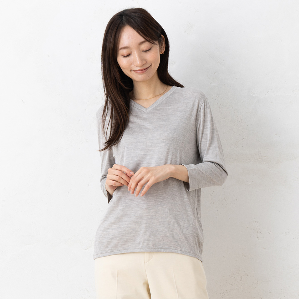 シルク100％ ソフトジャージー Vネック 7分袖トップス 日本製 ウォッシャブル加工