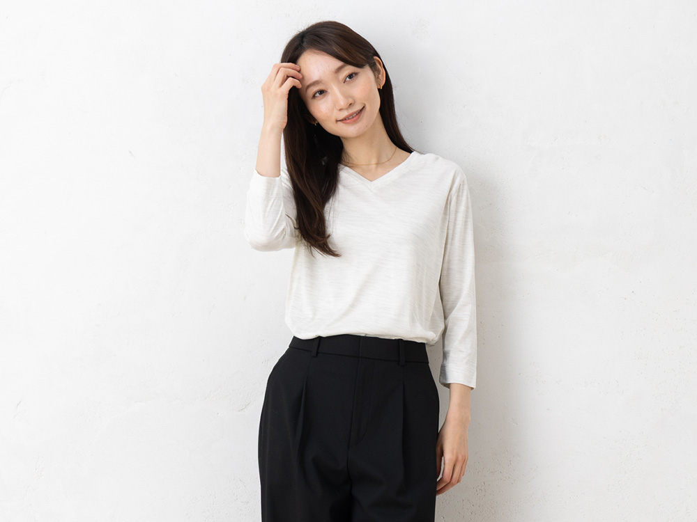 シルク100％ ソフトジャージー Vネック 7分袖トップス 日本製 ウォッシャブル加工