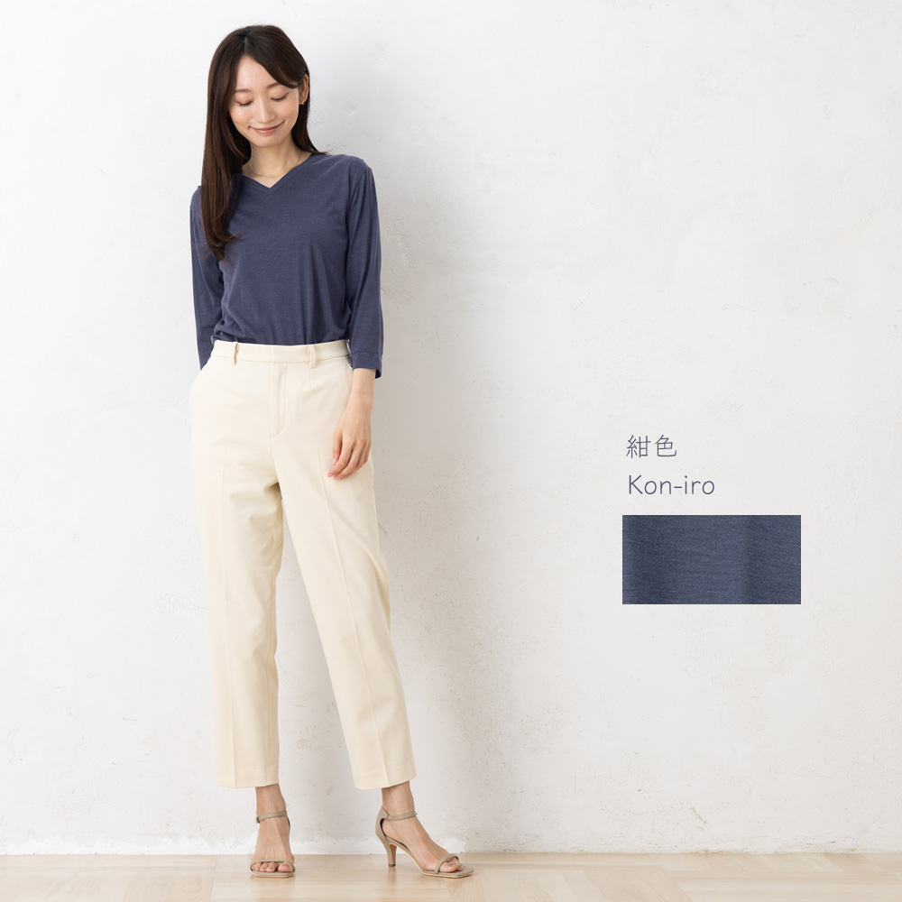 シルク100％ ソフトジャージー Vネック 7分袖トップス 日本製 ウォッシャブル加工