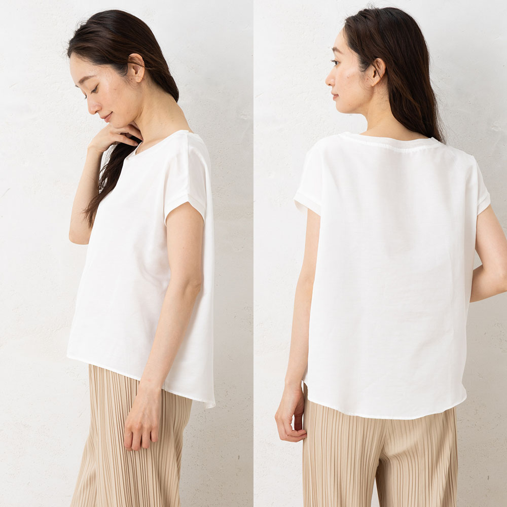 コットンシルクサテン チュール付きトップス 日本製