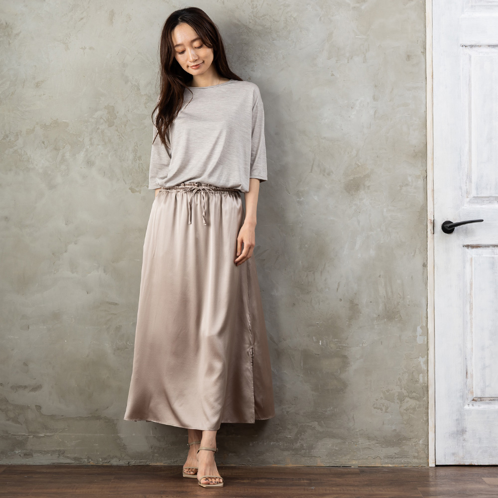シルク サテンストレッチ ロングスカート 日本製 19匁