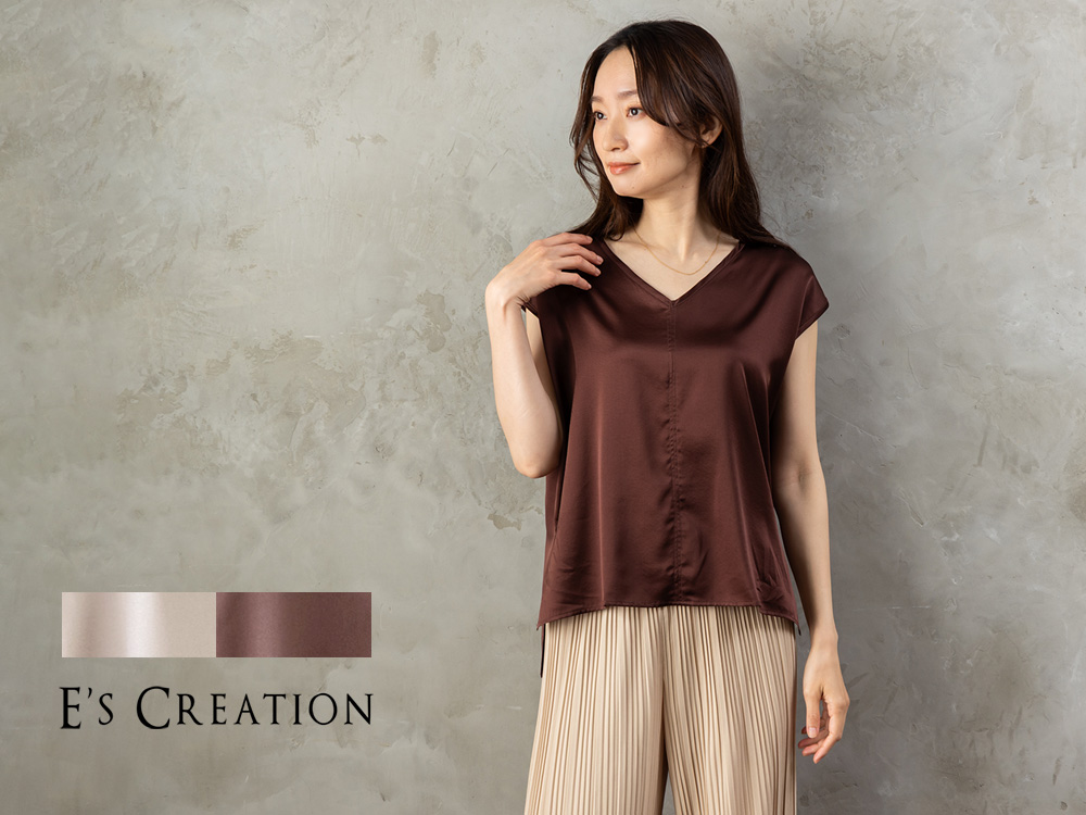 シルク サテンストレッチ Vネック フレンチスリーブ トップス 日本製 19匁