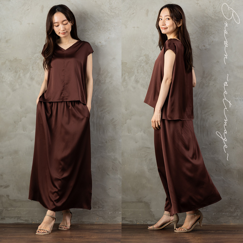 【お得な上下セット】シルク サテンストレッチ トップス＆スカート 上下セット 日本製 19匁