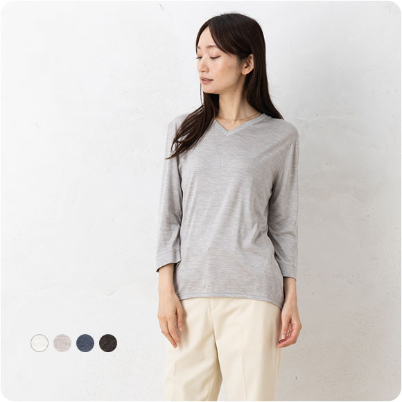 シルク100％ ソフトジャージー Vネック 7分袖トップス 日本製 ウォッシャブル加工
