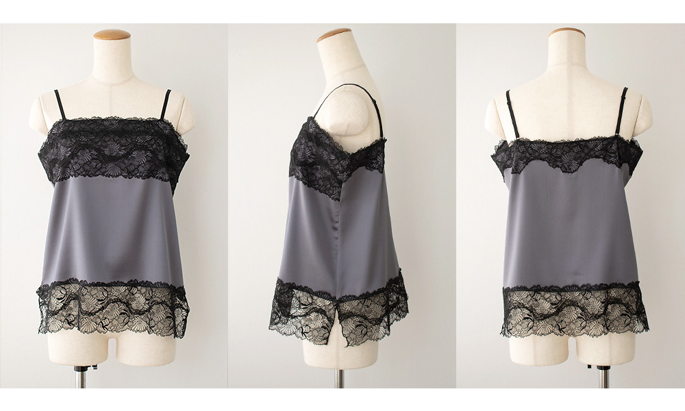 シルクサテン レース付きキャミソール 日本製