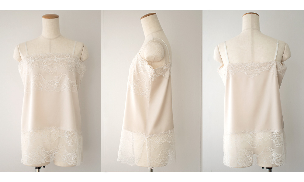 シルクサテン レース付きキャミソール 日本製