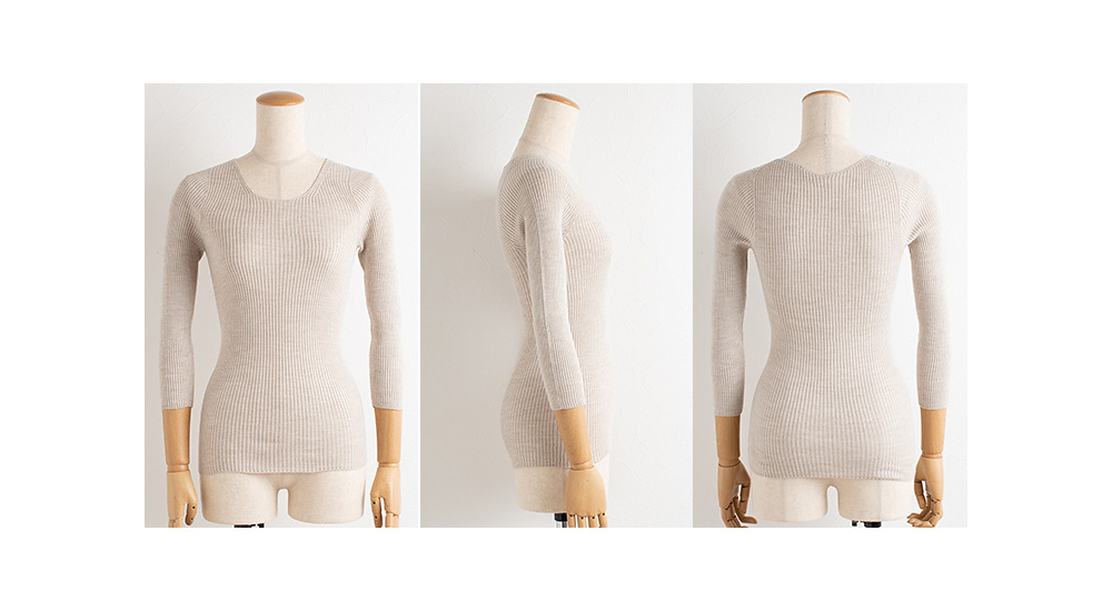 シルク100％ ふわふわ加工 リブニット 7分袖 インナー 日本製 レディース