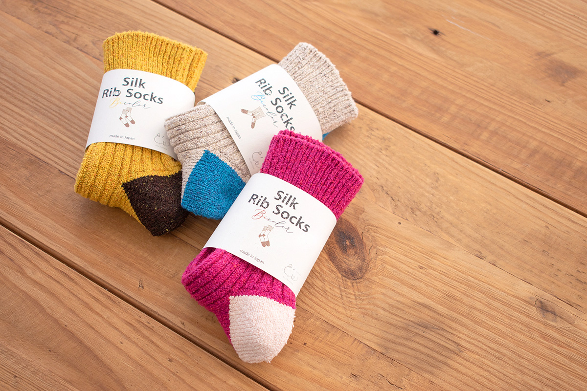 シルク リブソックス バイカラー 日本製 GINGA 縫い目のないホールガーメント