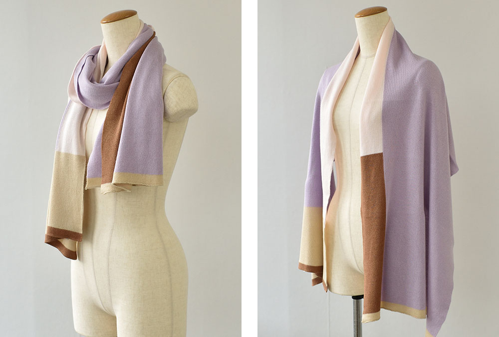 シルク100％ ふわふわ加工 ストール ブロック柄 日本製