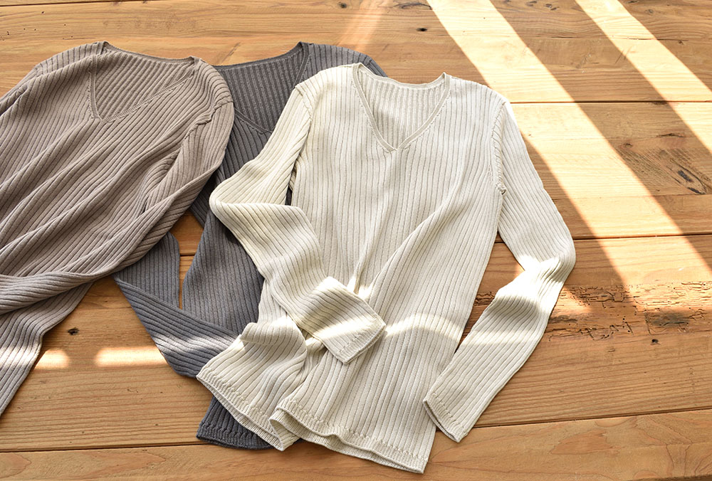 シルク100％ Vネック ワイドリブ 長袖ニット 日本製