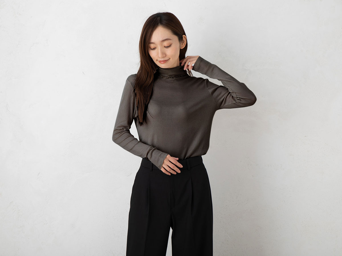 コットンシルク テレコ ハイネック 長袖インナー