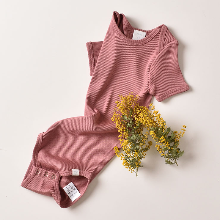 シルクコットン 半袖ロンパース ピンク グリーン ボーダー 70cm 80cm 90cm