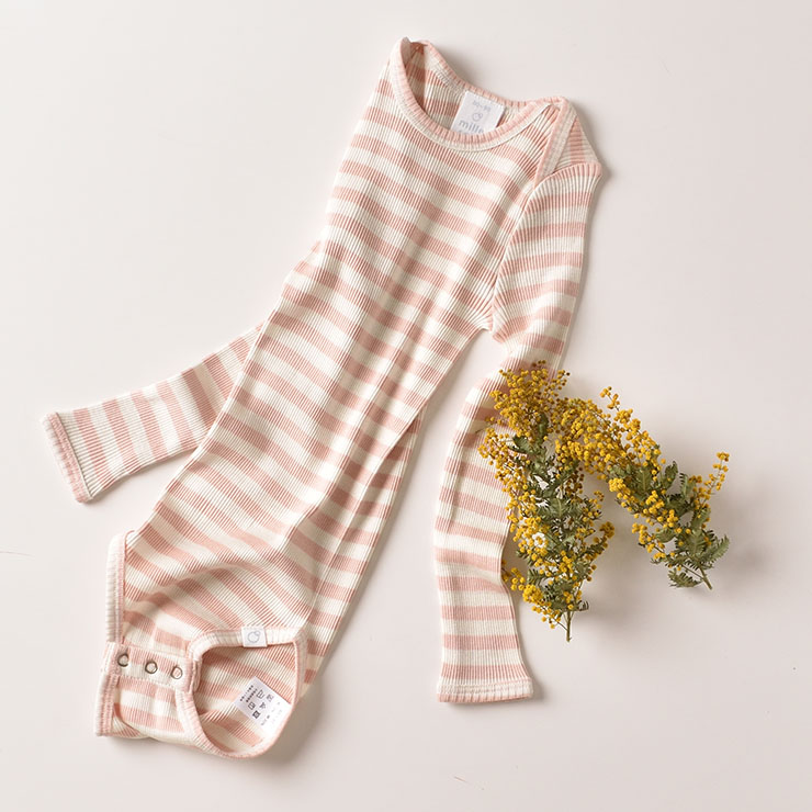 シルクコットン 長袖ロンパース ピンク グリーン ボーダー 70cm 80cm 90cm