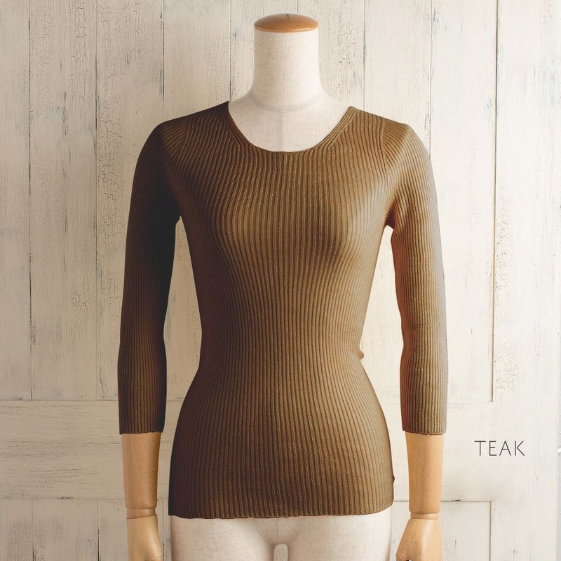 シルク100％ ふわふわ加工 リブニット 7分袖 インナー 日本製 縫い目のないホールガーメント