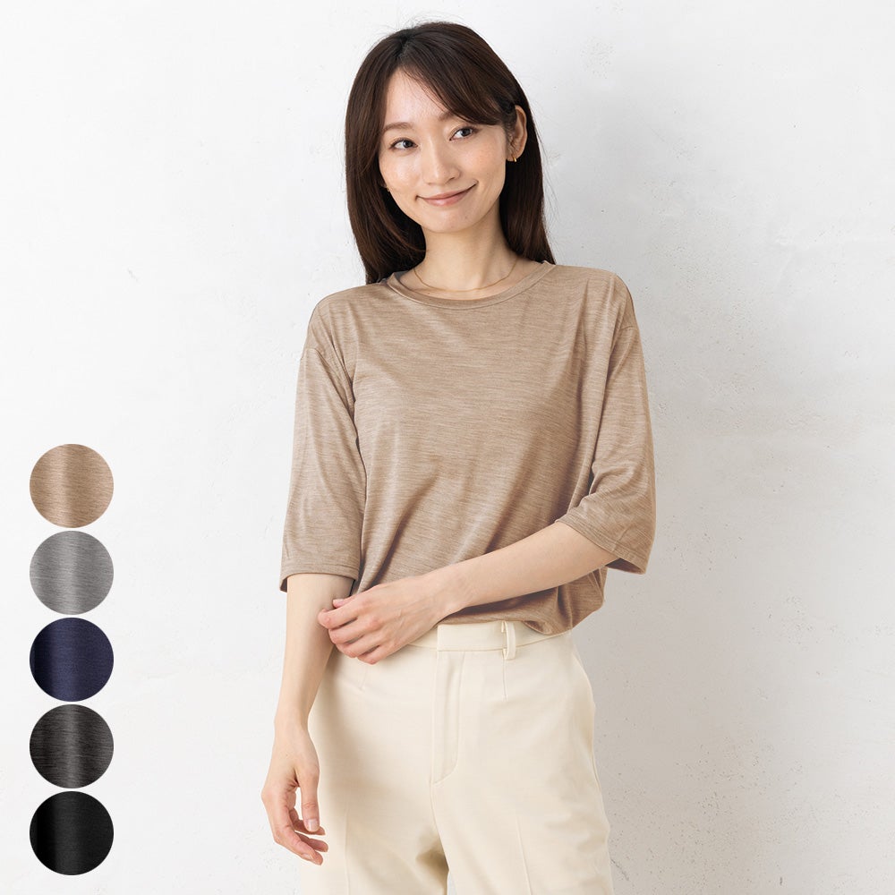 シルク100％ ジャージー クルーネック 5分袖トップス 日本製