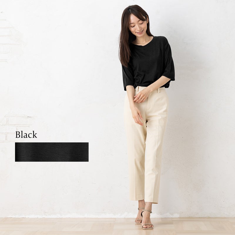 シルク100％ ジャージー クルーネック 5分袖トップス 日本製