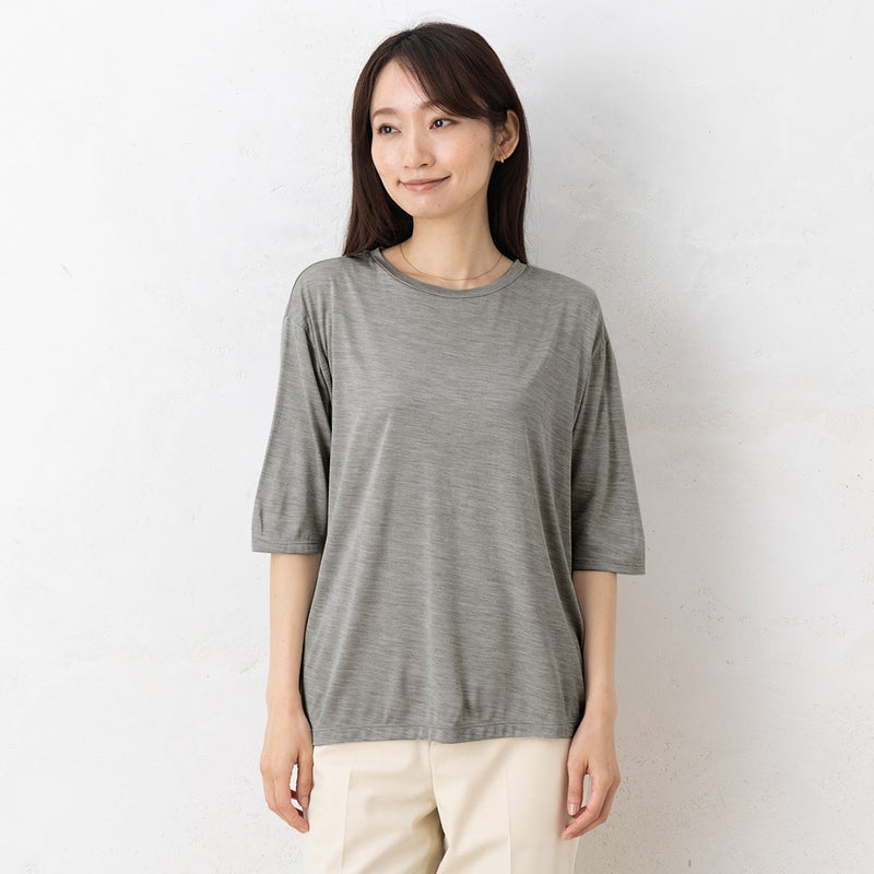 シルク100％ ジャージー クルーネック 5分袖トップス 日本製