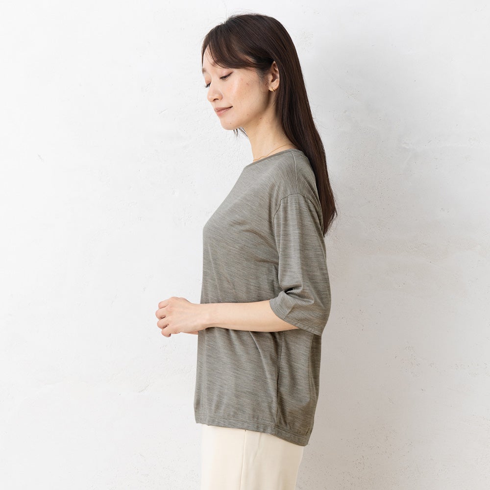 シルク100％ ジャージー クルーネック 5分袖トップス 日本製
