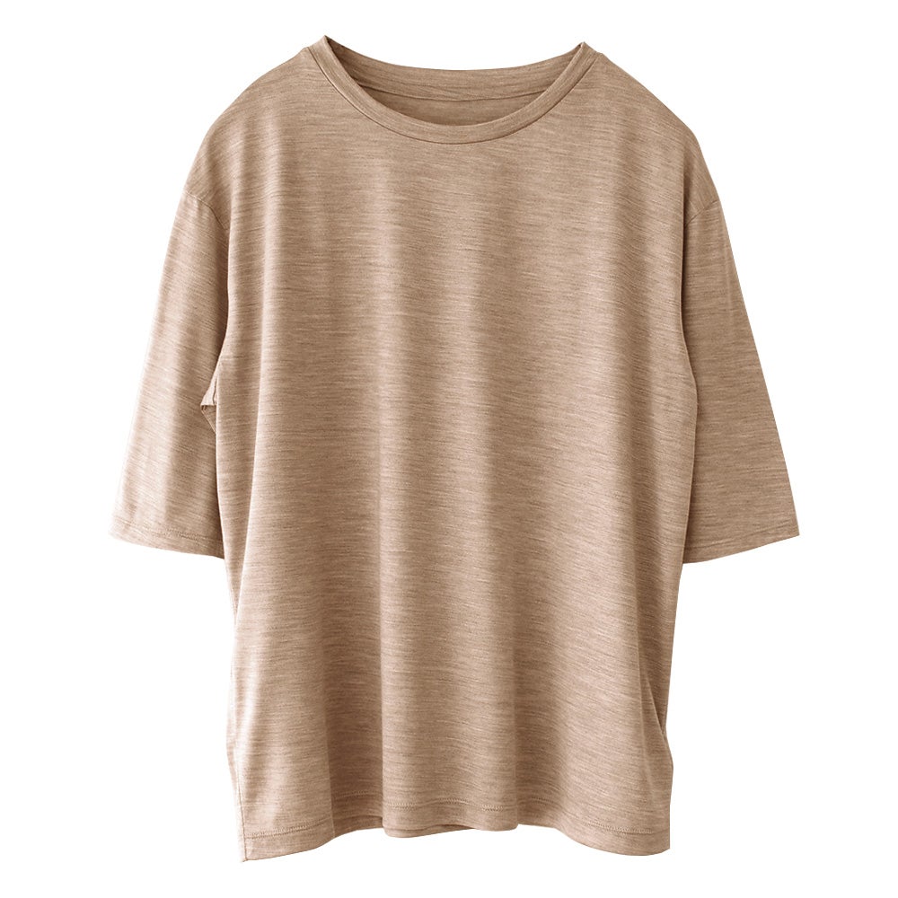 シルク100％ ジャージー クルーネック 5分袖トップス 日本製