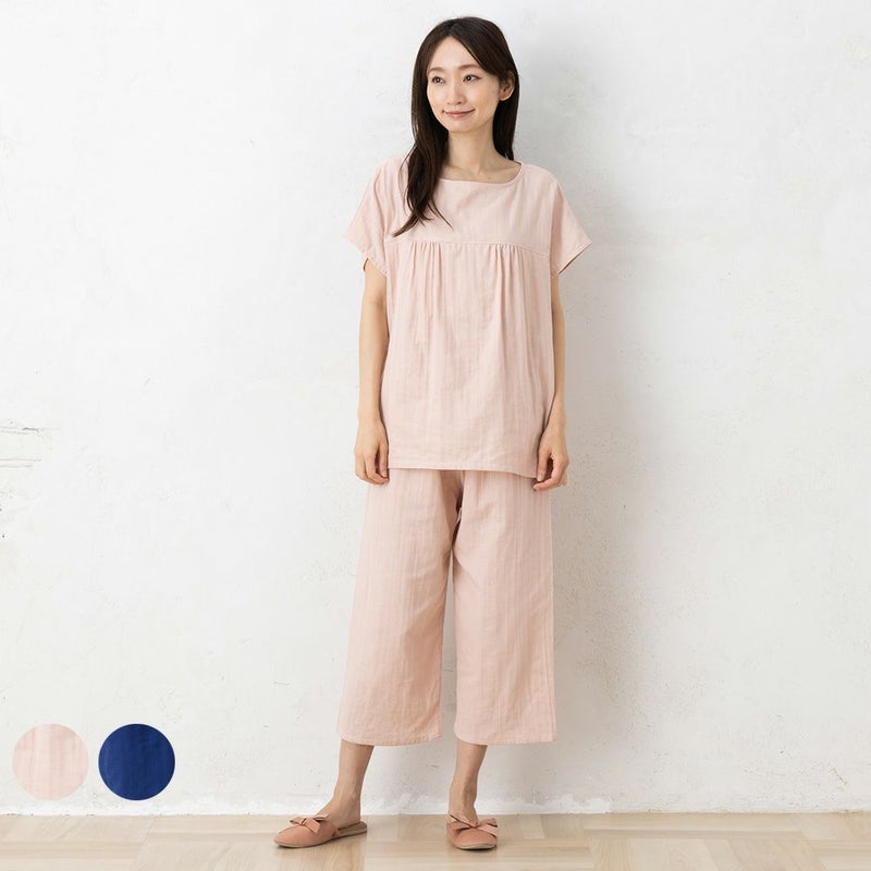 オーガニックコットン100% 和晒しダブルガーゼ 湯上りパジャマ 上下セット フレンチ袖トップスとルームパンツ 日本製