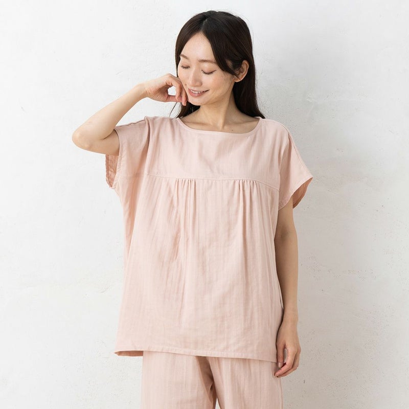 オーガニックコットン100% 和晒しダブルガーゼ 湯上りパジャマ 上下セット フレンチ袖トップスとルームパンツ 日本製
