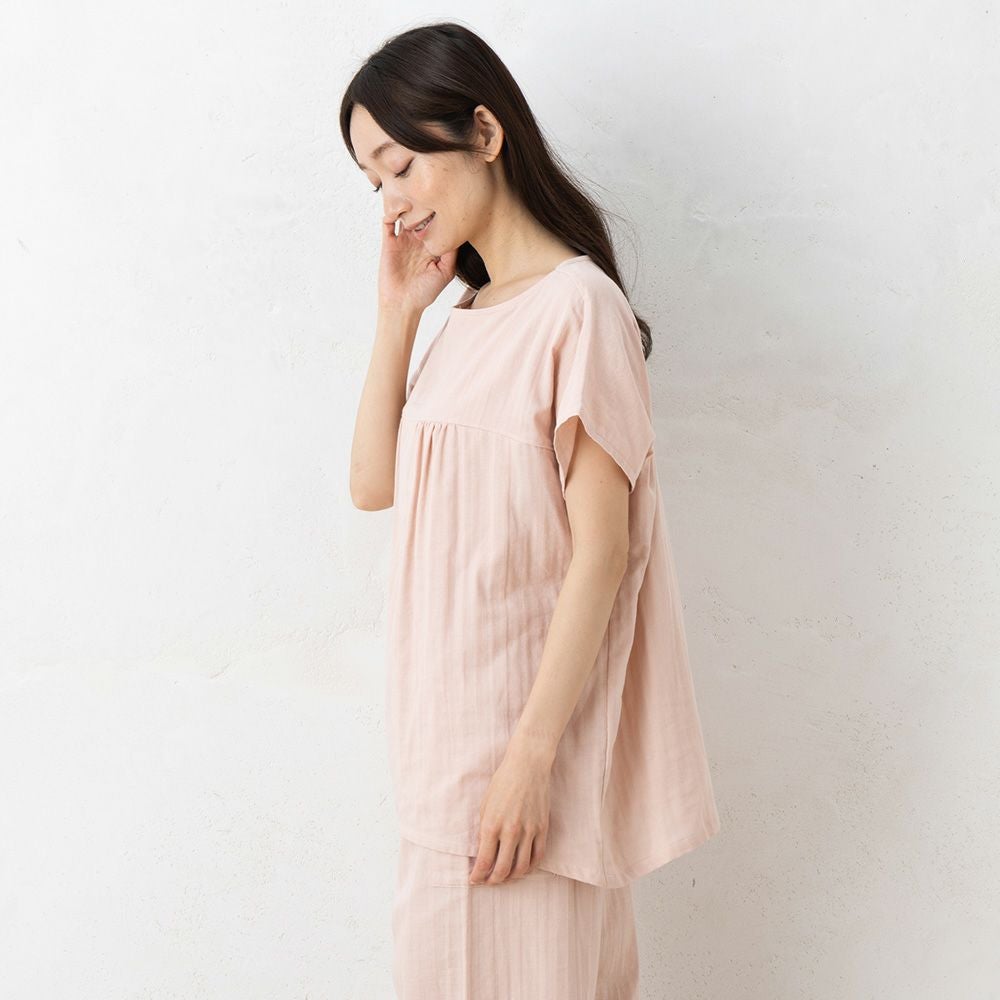 オーガニックコットン100% 和晒しダブルガーゼ 湯上りパジャマ 上下セット フレンチ袖トップスとルームパンツ 日本製