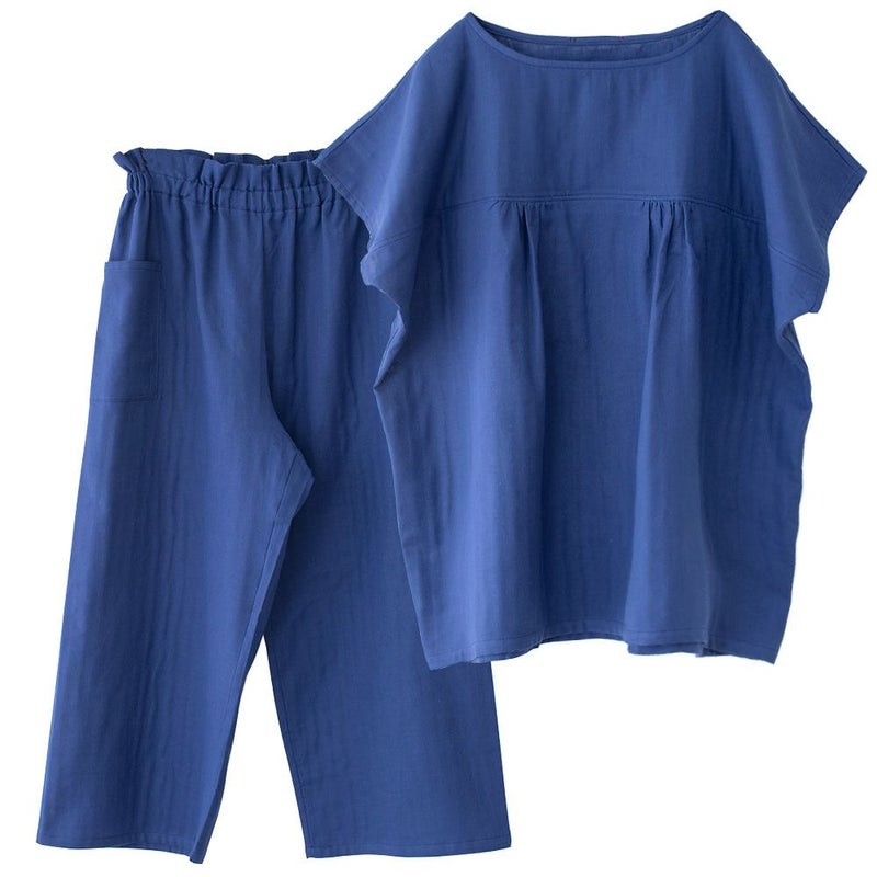 オーガニックコットン100% 和晒しダブルガーゼ 湯上りパジャマ 上下セット フレンチ袖トップスとルームパンツ 日本製