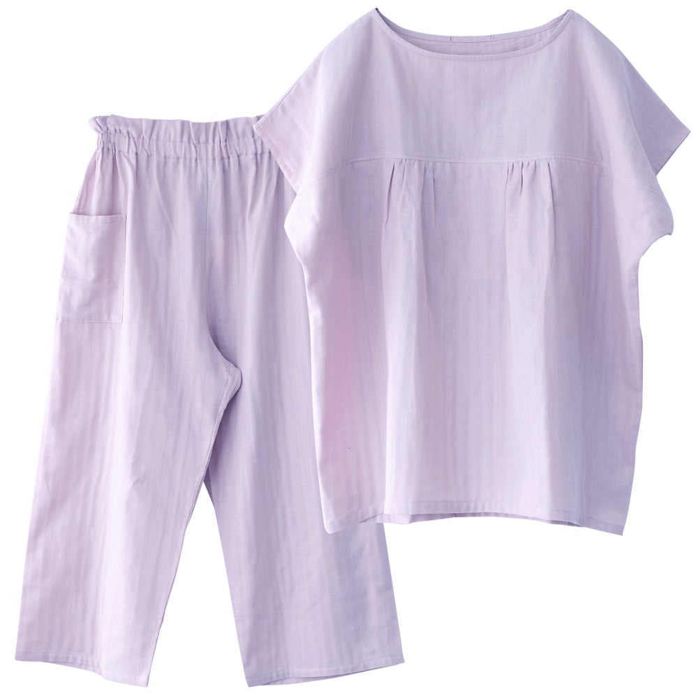 オーガニックコットン100% 和晒しダブルガーゼ 湯上りパジャマ 上下セット フレンチ袖トップスとルームパンツ 日本製