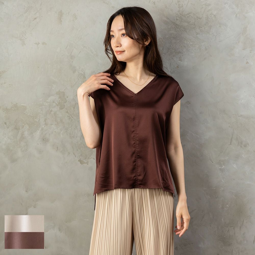 シルク サテンストレッチ Vネック フレンチスリーブ トップス 日本製 19匁