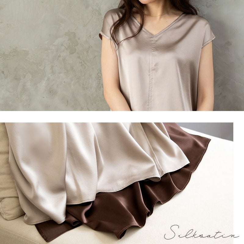 シルク サテンストレッチ Vネック フレンチスリーブ トップス 日本製 19匁