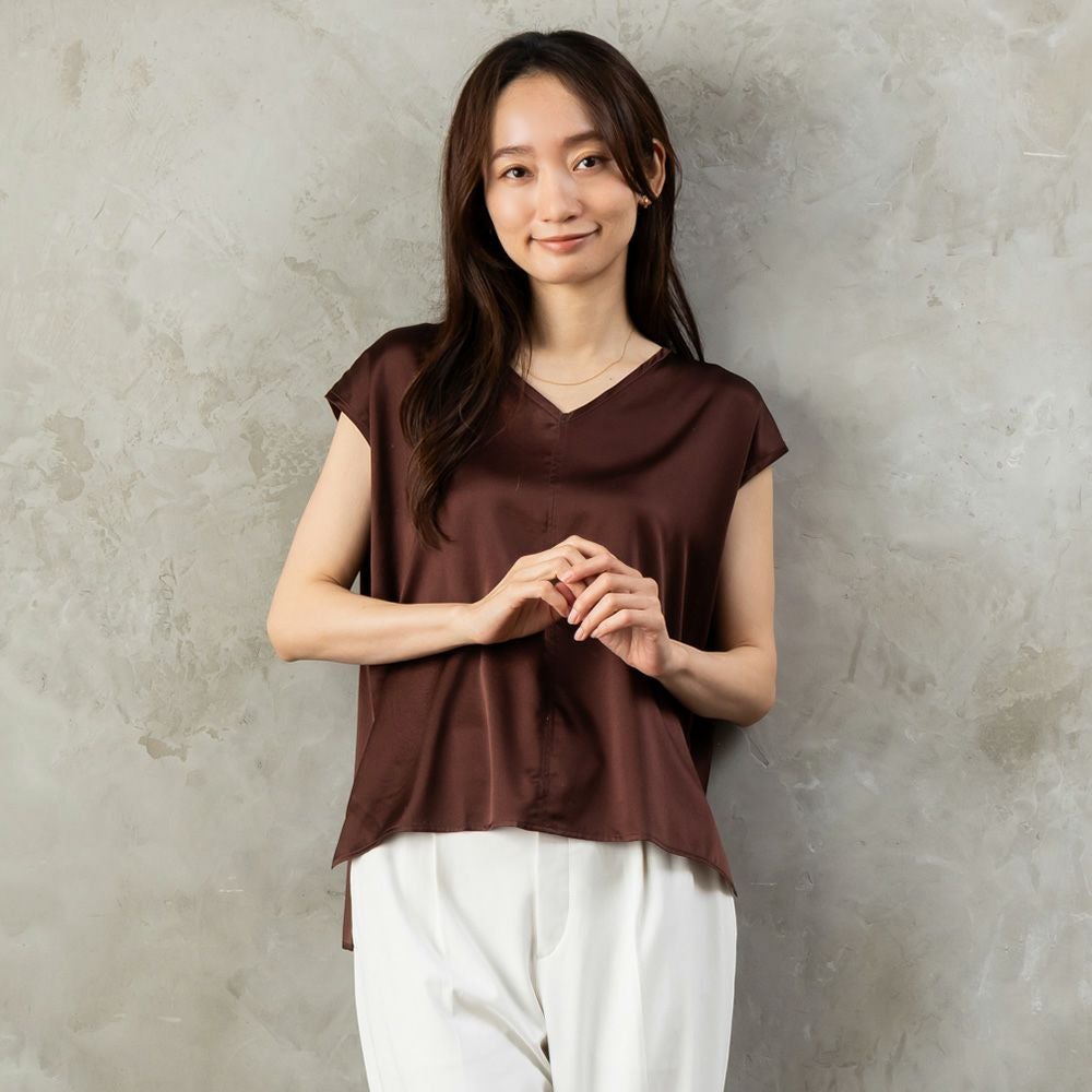 シルク サテンストレッチ Vネック フレンチスリーブ トップス 日本製 19匁