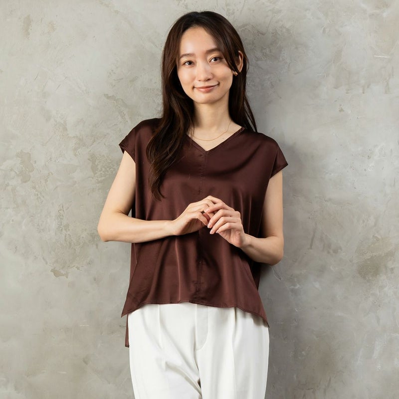 シルク サテンストレッチ Vネック フレンチスリーブ トップス 日本製 19匁