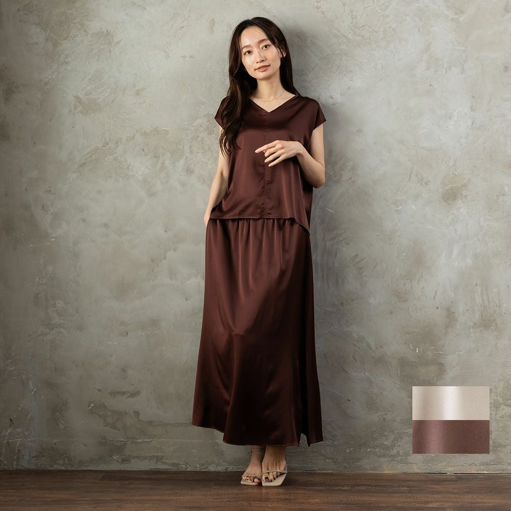 【お得な上下セット】シルク サテンストレッチ トップス＆スカート 上下セット 日本製 19匁