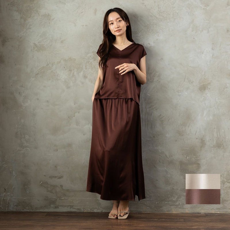 【お得な上下セット】シルク サテンストレッチ トップス＆スカート 上下セット 日本製 19匁