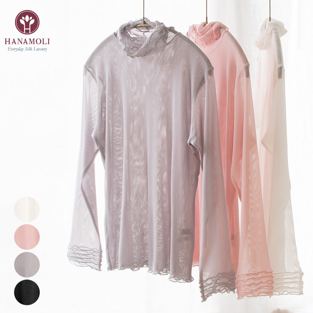 シルク100% メッシュ ハイネック 長袖インナー