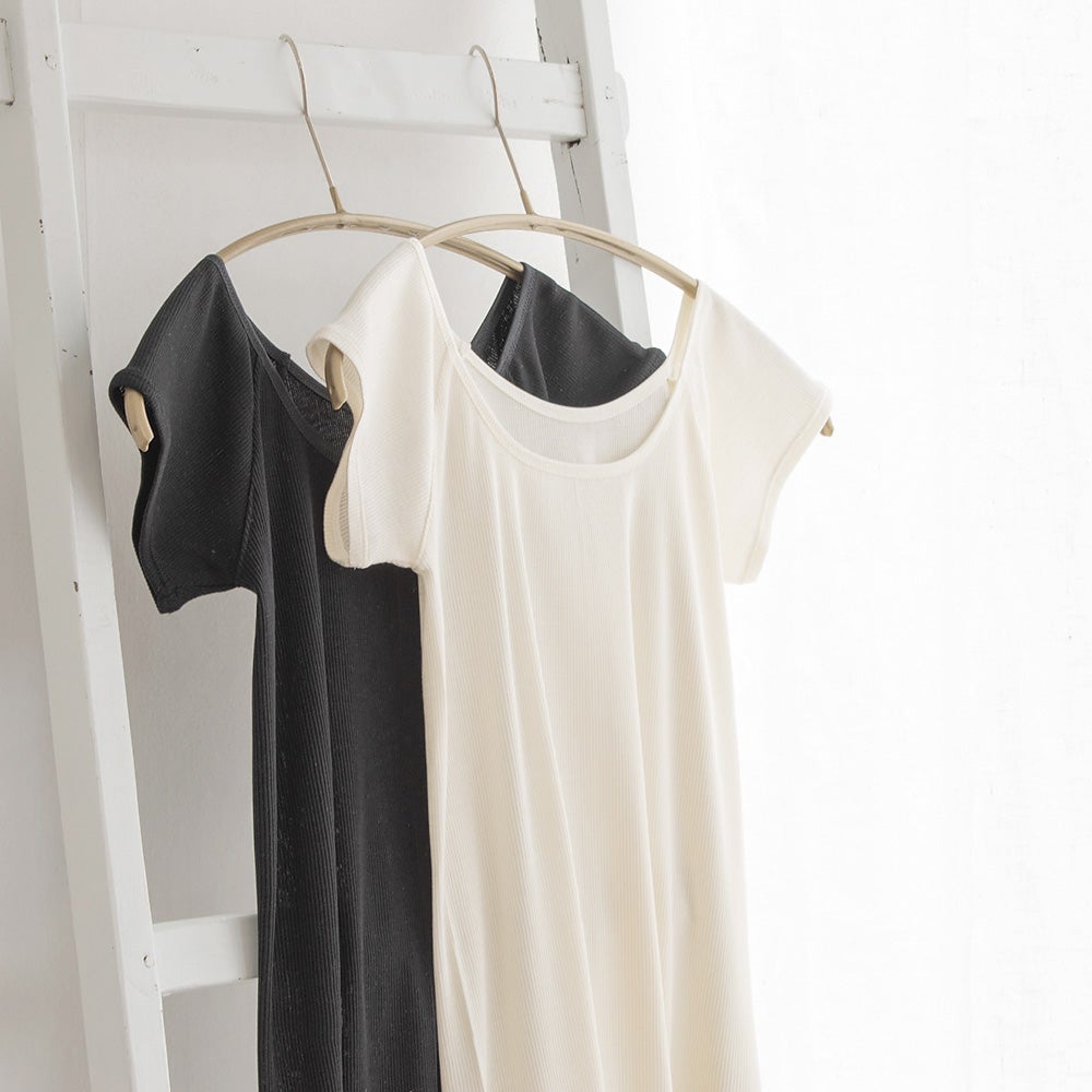 シルク100% テレコ フレンチ袖 インナー 日本製 Uネック ウォッシャブル加工