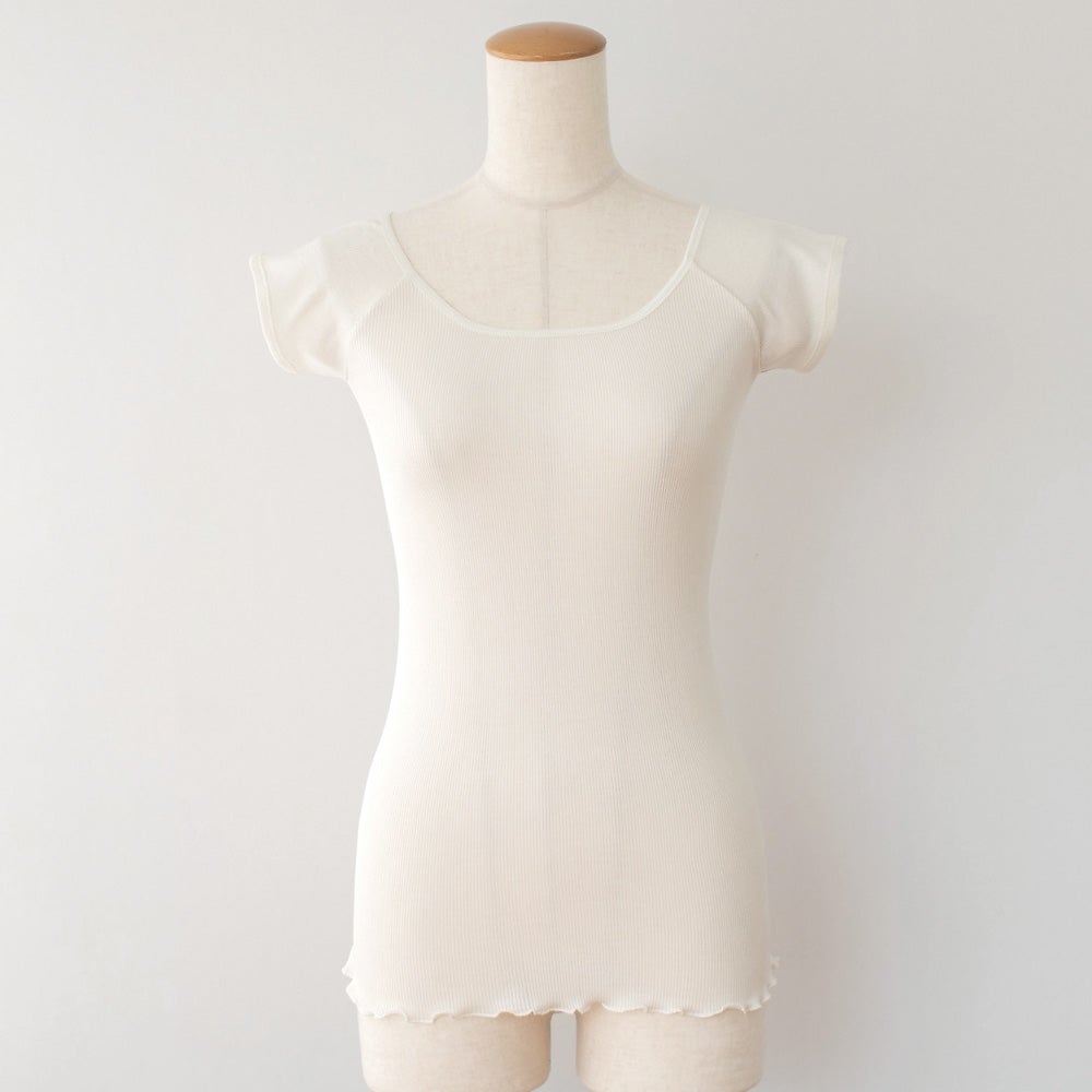 シルク100% テレコ フレンチ袖 インナー 日本製 Uネック ウォッシャブル加工