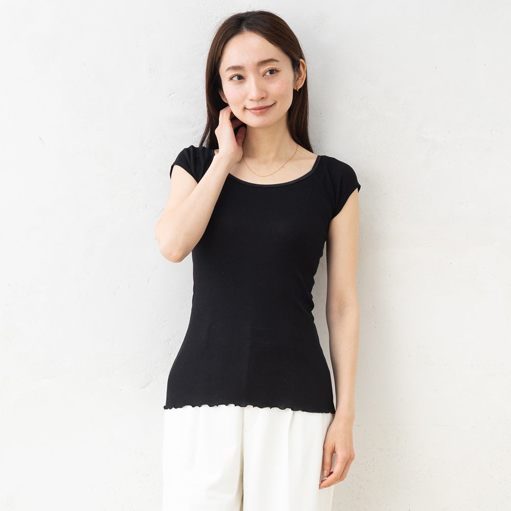 シルク100% テレコ フレンチ袖 インナー 日本製 Uネック ウォッシャブル加工